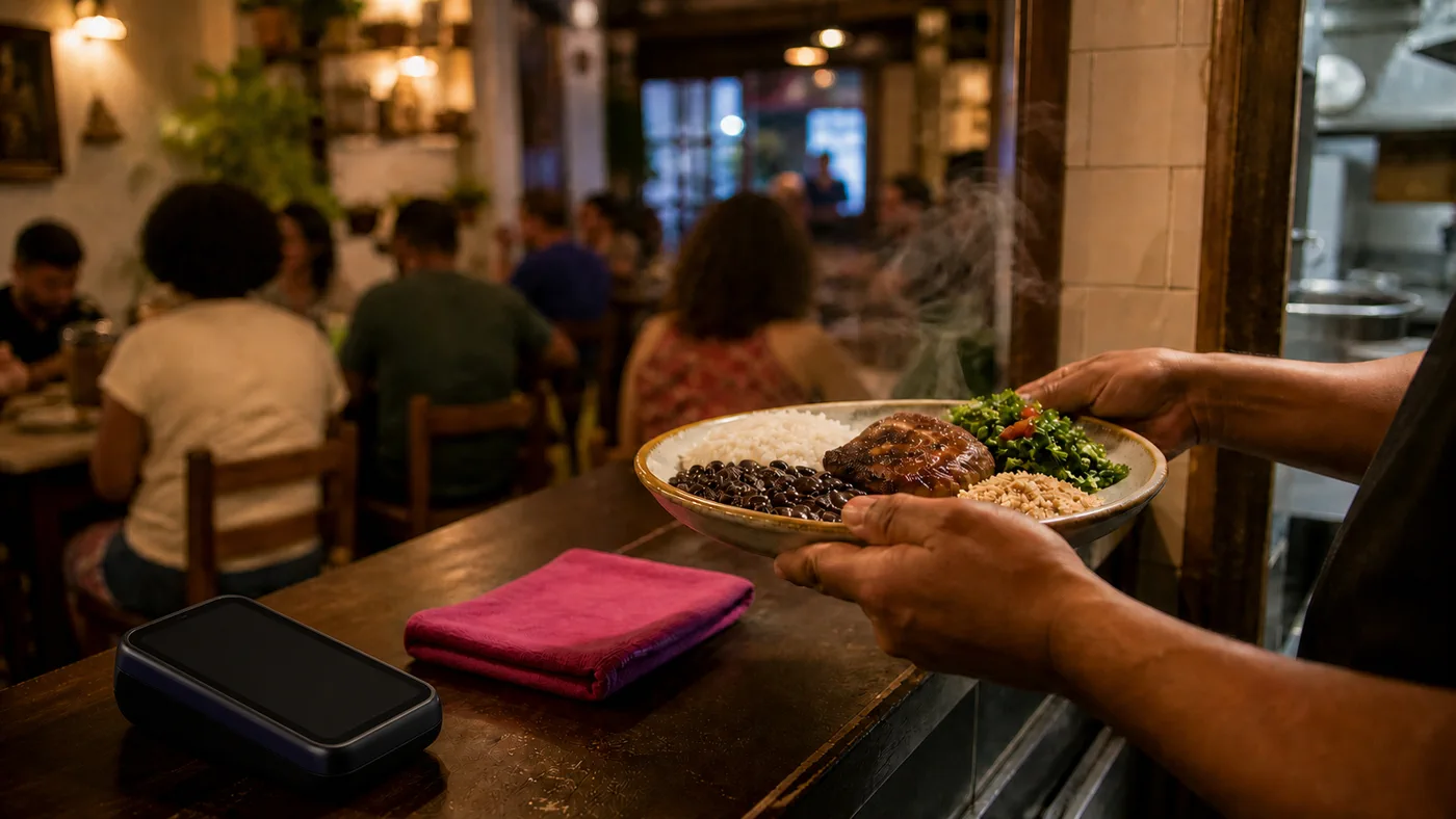 Prato sendo servido em restaurante com salão movimentado e maquininha no balcão